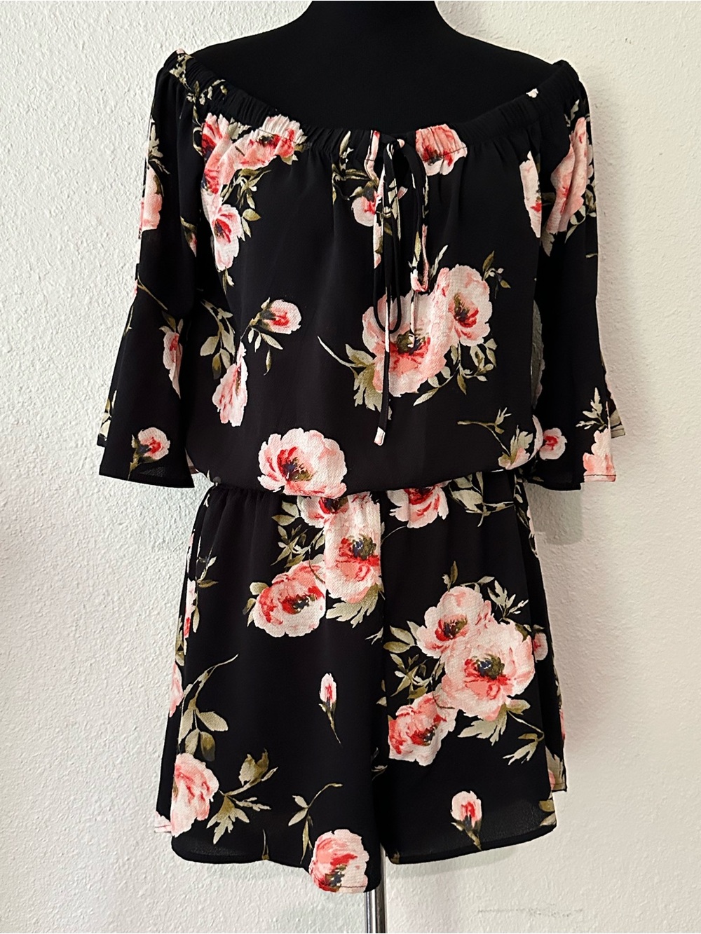 Active USA Black Romper with Pink & Green Floral Print